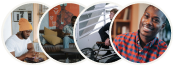 Collage of four people doing various activities: reading, writing, cycling, and smiling.